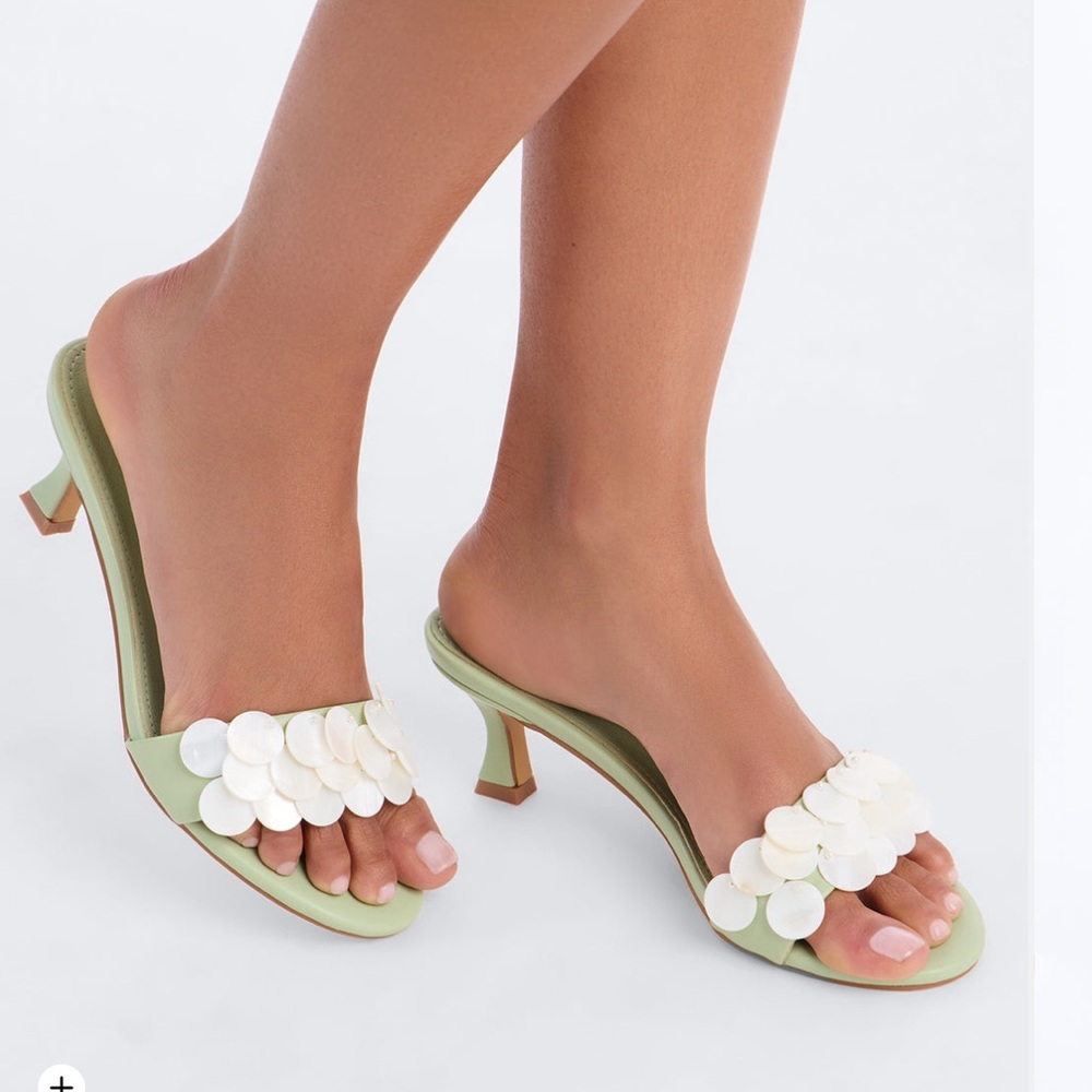Fashion Nova Sage Green Kitten Heel Mules with White Shell Accents